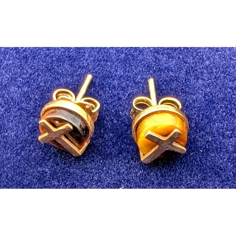 Vintage Israel 12K Gold Filled Stud Earrings Cross Tigers Eye Stone Gold Tone
